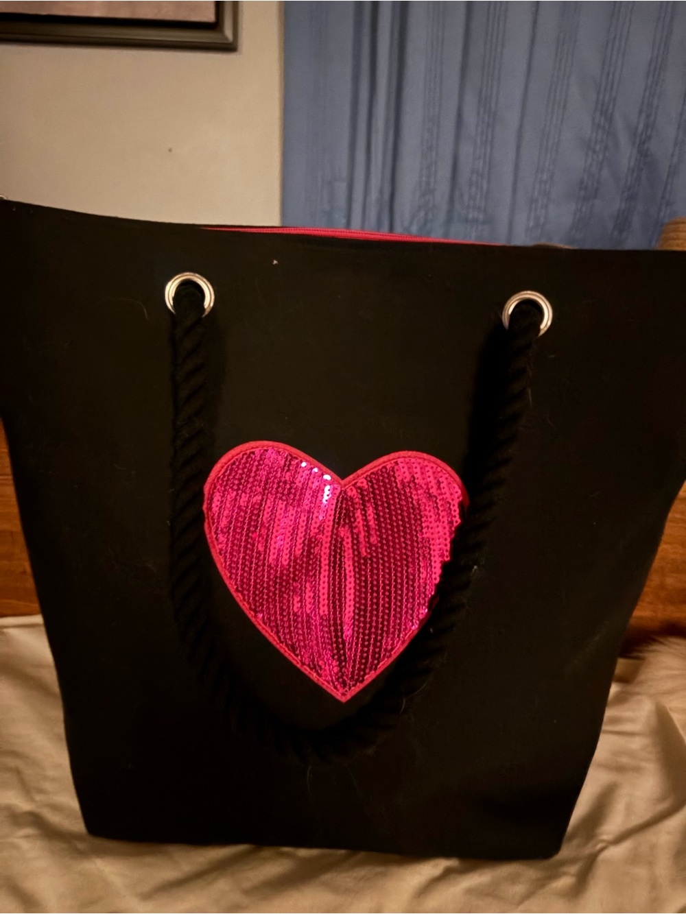 Women’s Black Tote Bag with Pink Sequin Heart-AS IS